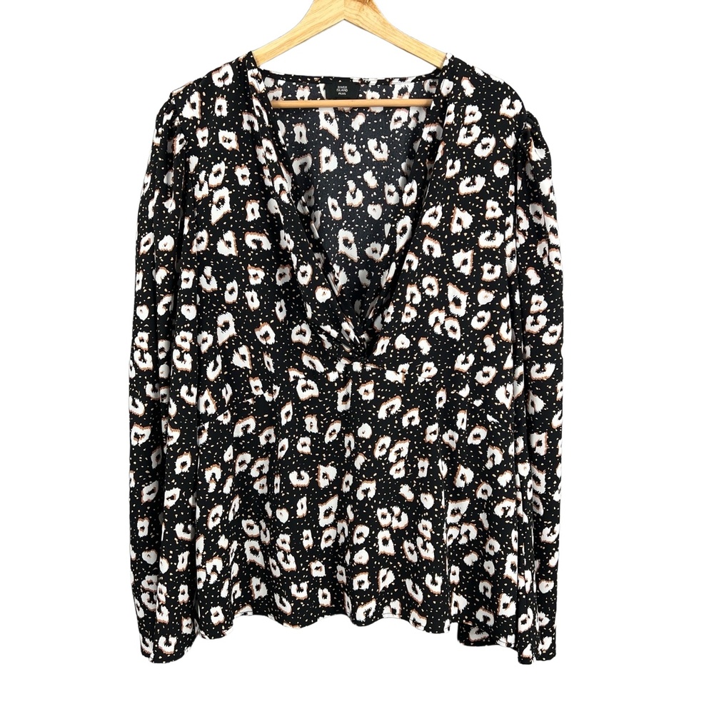 River Island Women’s Blouse‎ US 16 Black Print V-Neck Long Sleeve Draped Top
